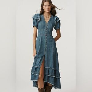 Pilcro Short-Sleeve Ruffled Midi Shirt Dress Anthropologie In: Light Denim